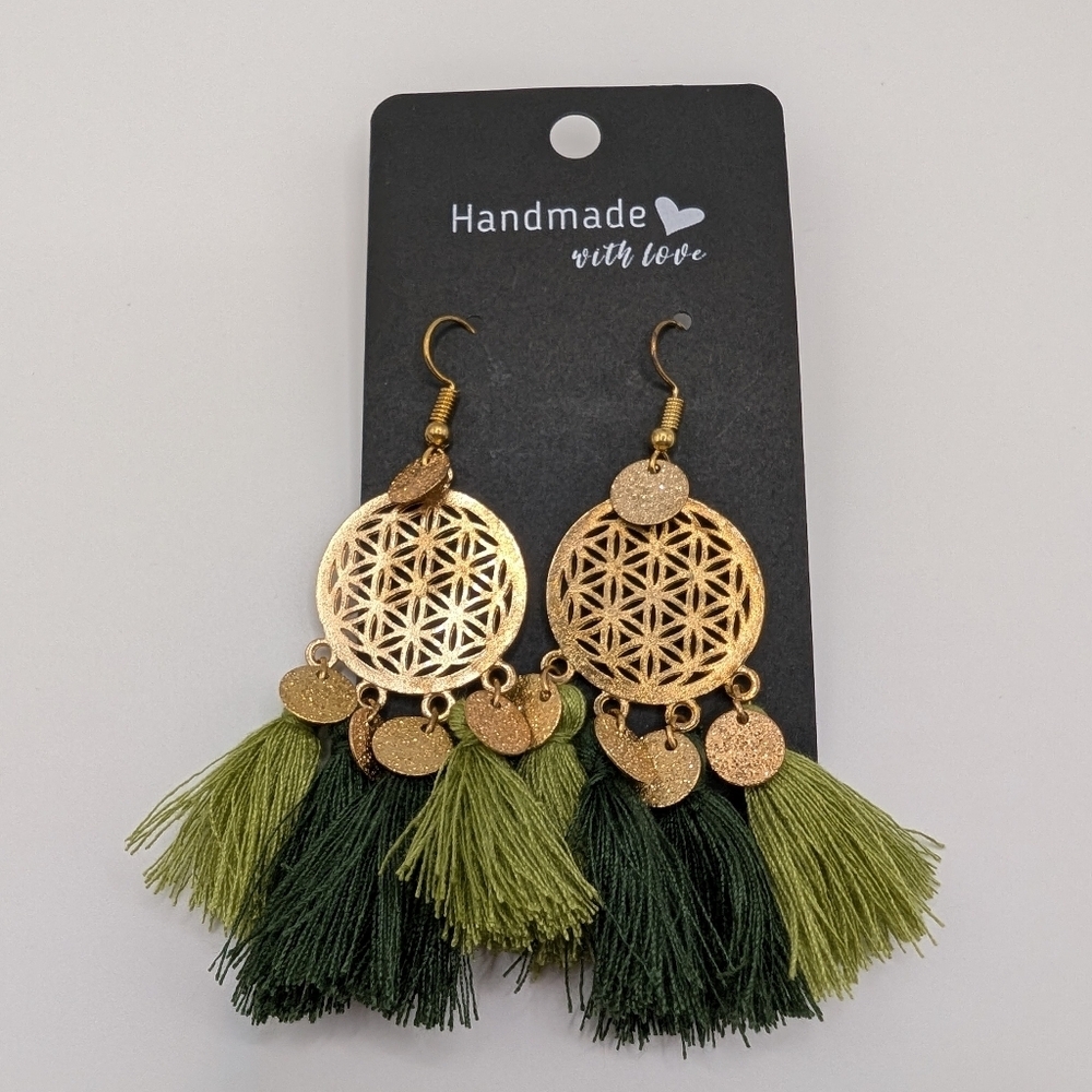 Handmade Green 2 Tone Fringe Circle Top Earrings Shimmer Disc Accent 3" NEW